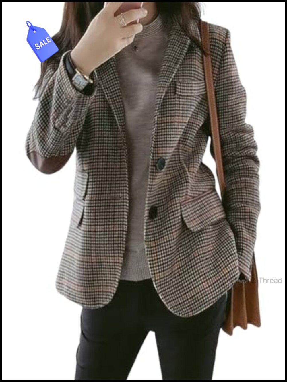 Womens Houndstooth Plaid Blazer Boyfriend Fit Notch Lapel Patched Elbow Single